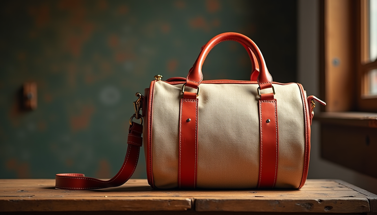 Close-up view of a barrel bag with mixed materials and bold color accents