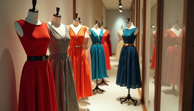 High angle view of a vintage-inspired fashion display with Audrey Hepburn style dresses and 90s accessories