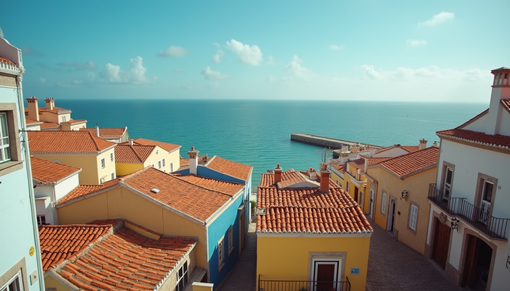 Eye-level view of Praia cityscape with colorful buildings and ocean in the background