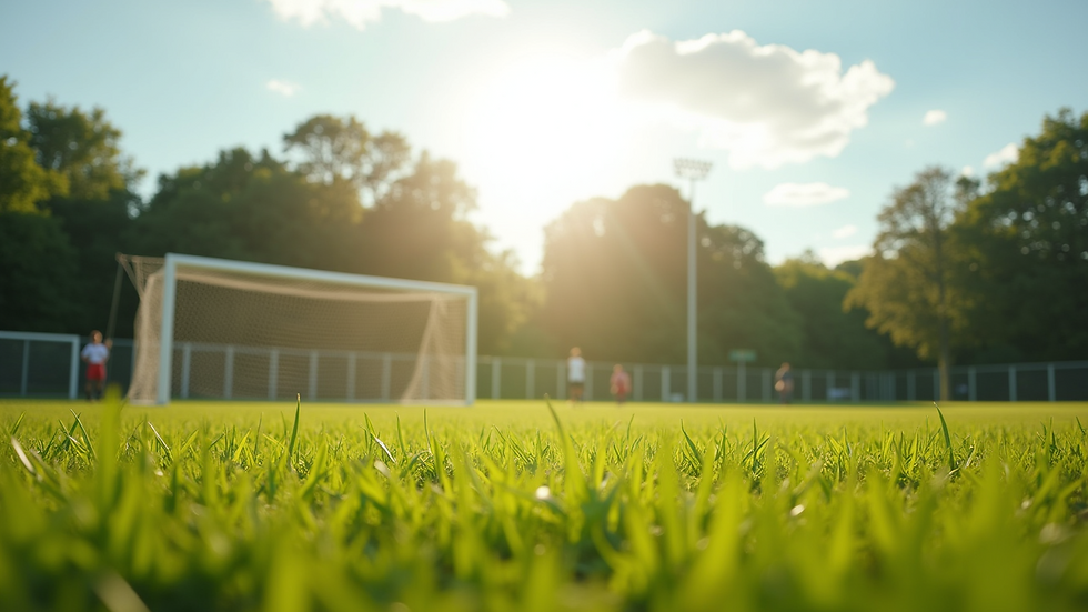 Eye-level view of a football field during a sunny day