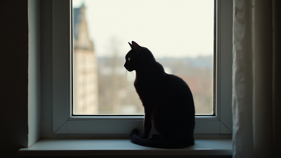 High angle view of a black cat sitting on a windowsill
