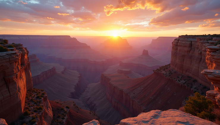Wide angle view of the Grand Canyon at sunset with layered rock formations