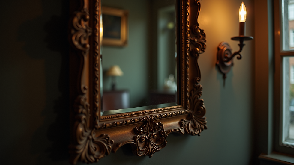 Close-up view of an ornate antique mirror reflecting a dimly lit room