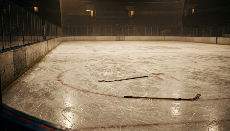 Close-up view of two hockey sticks resting on opposite sides of an empty ice rink.