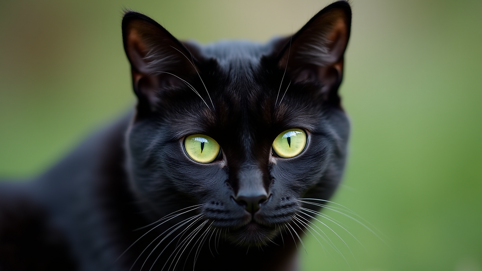 Close-up view of a black cat with bright green eyes