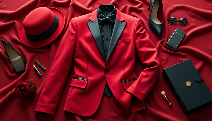 High angle view of a red and black prom suit laid out with matching accessories