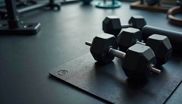 High angle view of gym equipment including dumbbells and a workout mat