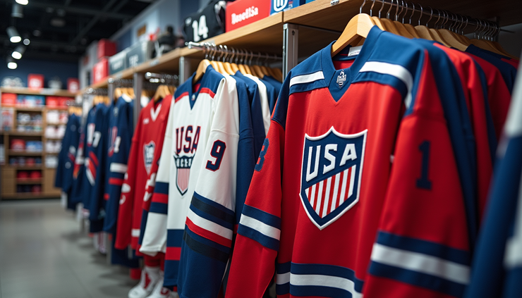 High angle view of a display rack featuring USA hockey jerseys and Olympic merchandise