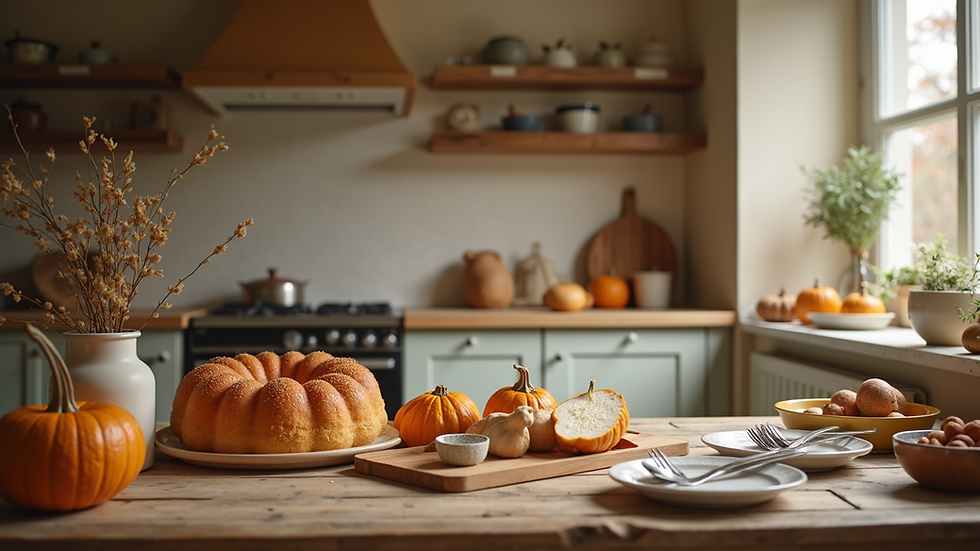 Eye-level view of a cozy kitchen with autumn-themed decor