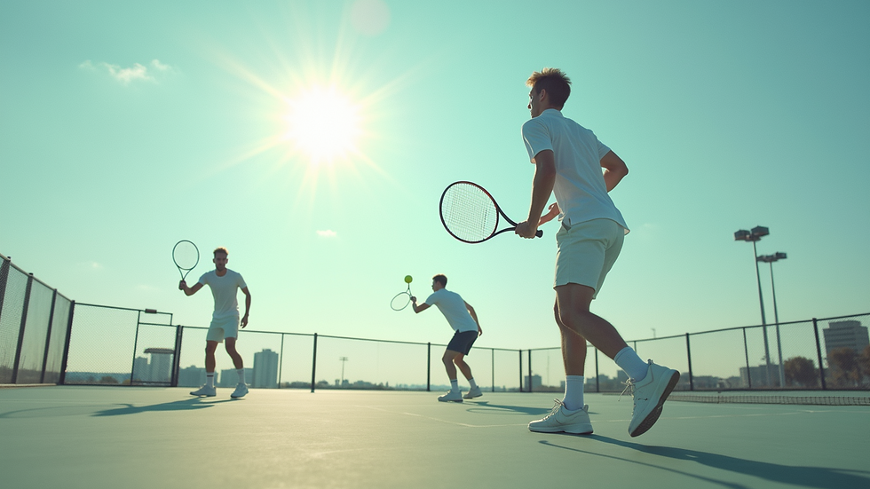 Eye-level view of a tennis court with players in action