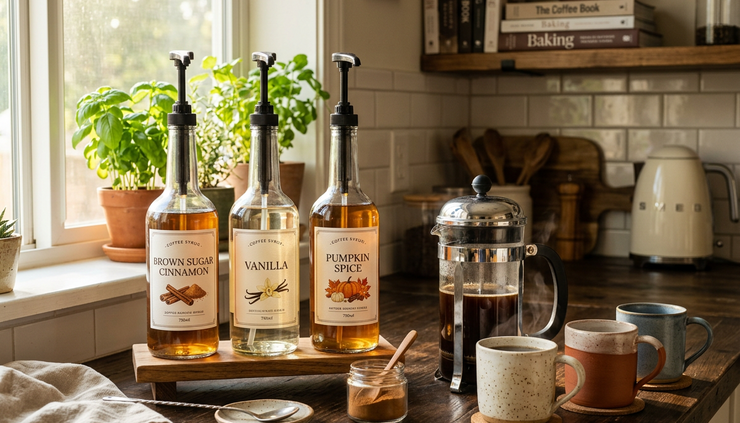 Wide-angle view of glass coffee syrup bottles arranged beside mugs