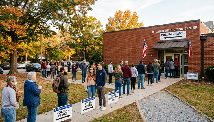 Wide-angle view of voters waiting outside a Georgia community polling place