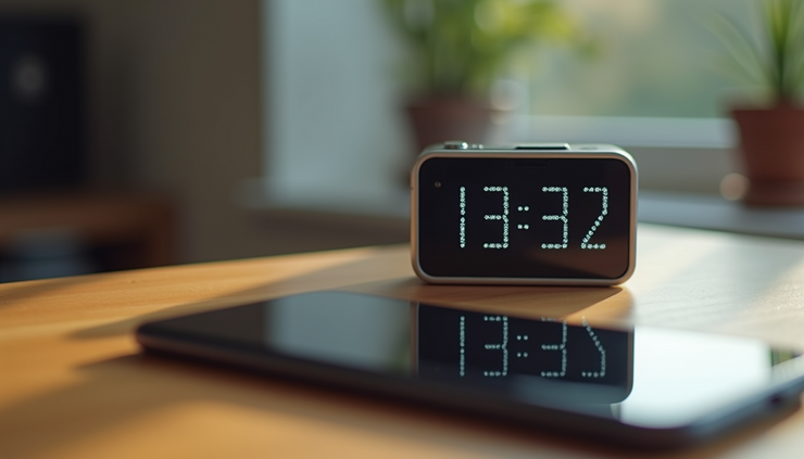 Close-up of a digital timer and a smartphone on a wooden table