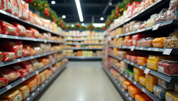 Close-up view of grocery store aisle with holiday food items