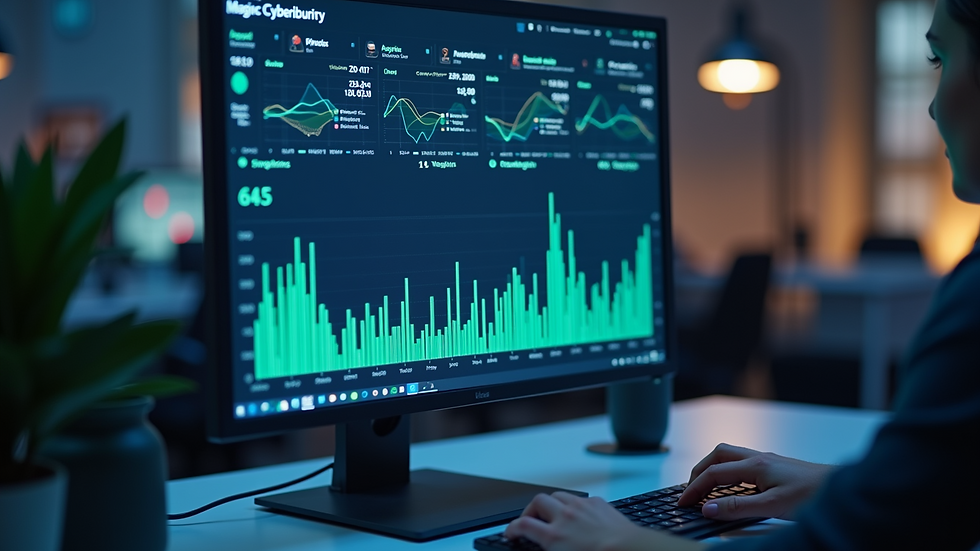 Eye-level view of a computer screen displaying cybersecurity data and analytics