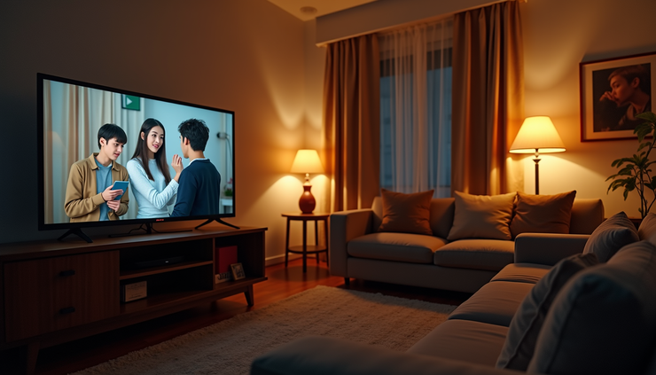 Eye-level view of a cozy living room with a TV screen showing a college drama scene