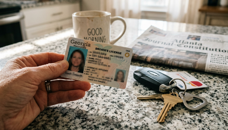 Close-up view of a hand holding a Georgia driver’s license near car keys