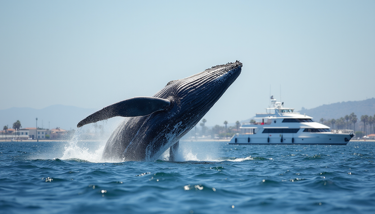Eye-level view of a whale breaching near a boat in Long Beach harbor