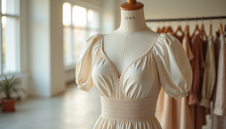 Eye-level view of a v neck smocked peplum top displayed on a mannequin in a bright summer boutique