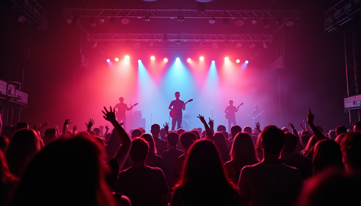High angle view of a concert stage with colorful lights and a crowd in the foreground