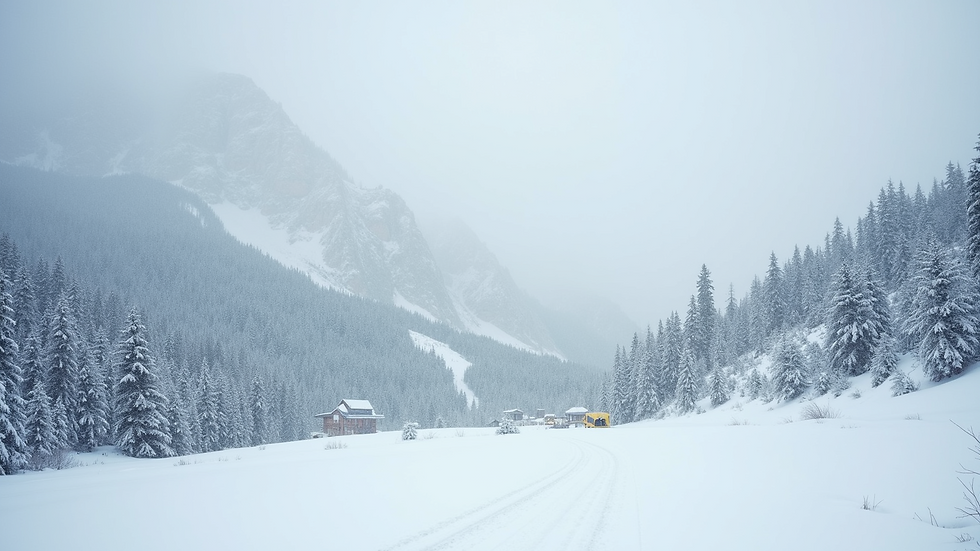 High angle view of a snowy mountain landscape during a blizzard