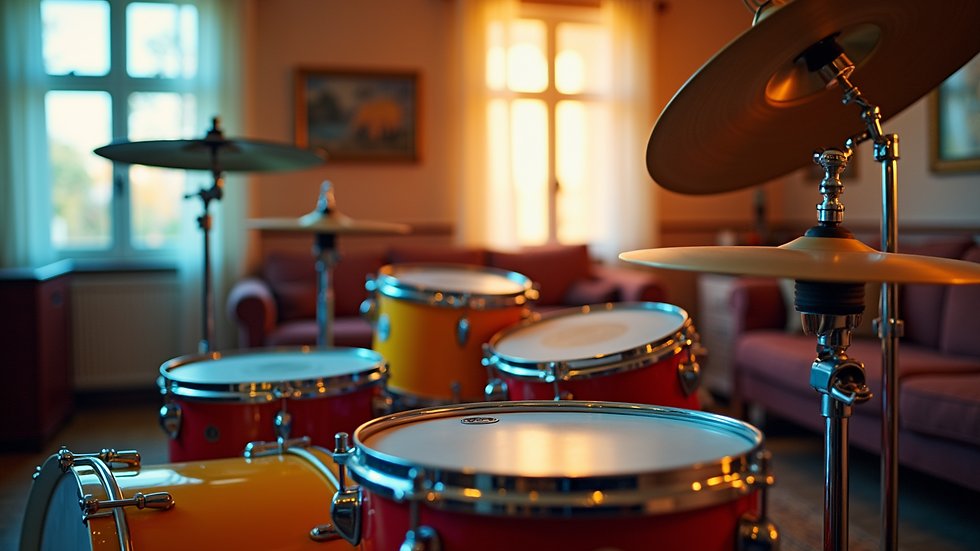 Close-up view of a drum set with vibrant colors