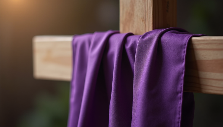 Close-up view of a wooden cross with a purple cloth draped over it, symbolizing Good Friday