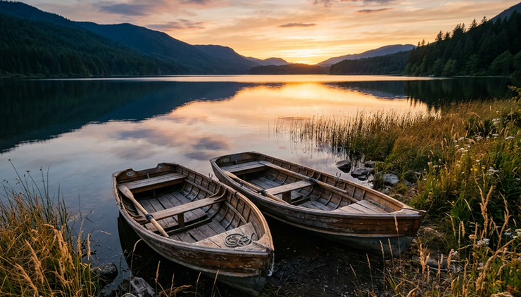 Wide-angle view of two empty wooden rowboats resting beside a quiet lake at sunset.
