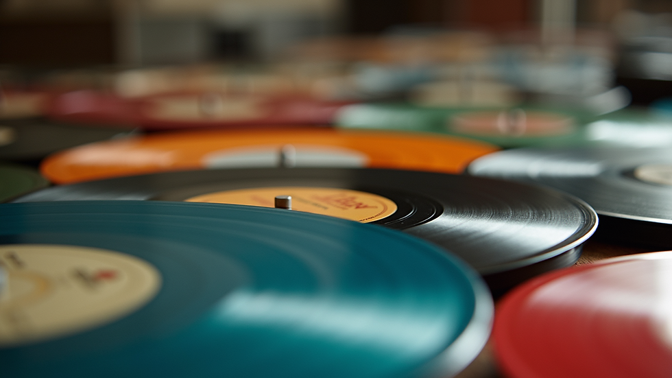 Close-up view of a vibrant collection of vinyl records