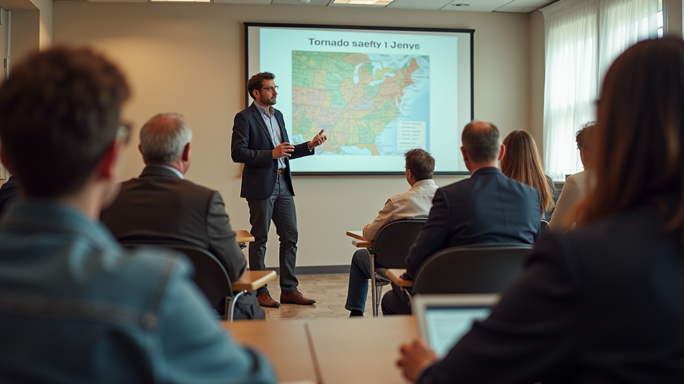 Eye-level view of a tornado safety informational meeting with residents
