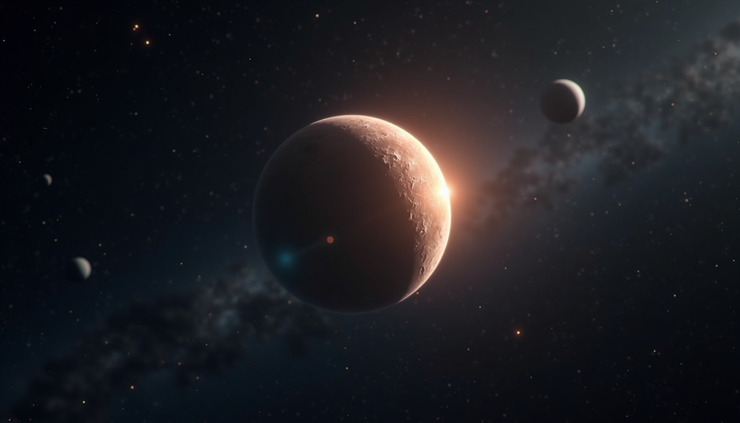 Eye-level view of a bright planet Mercury against a dark starry sky