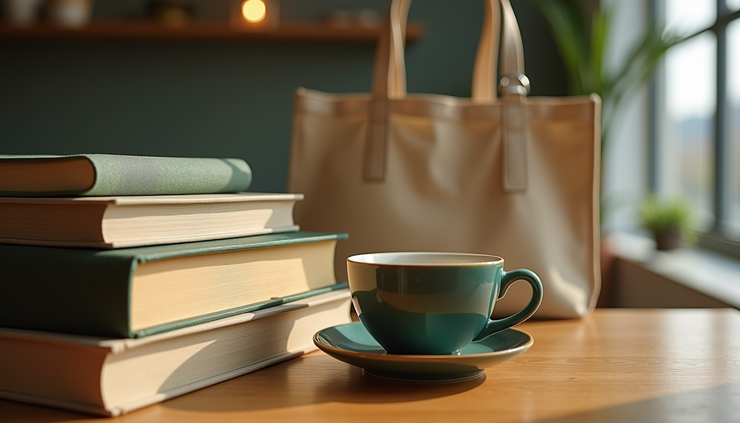 Close-up of a tote bag with books and a matcha cup on a wooden table