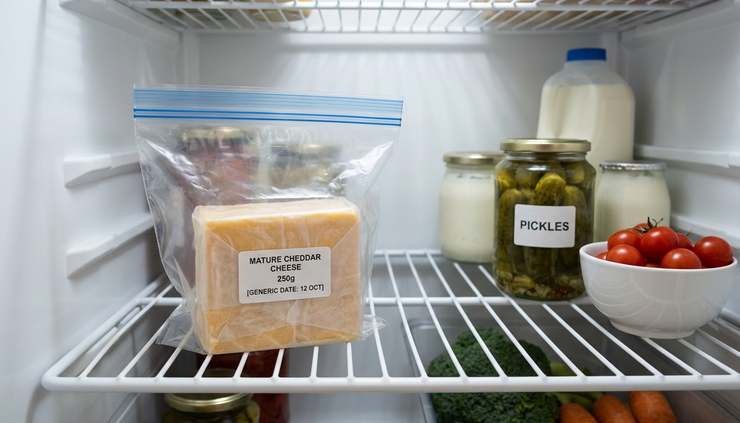 Eye-level view of a refrigerator shelf with a wrapped cheese package being set aside from other foods