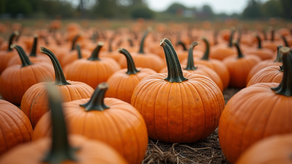 Close-up view of a pumpkin patch with various pumpkins