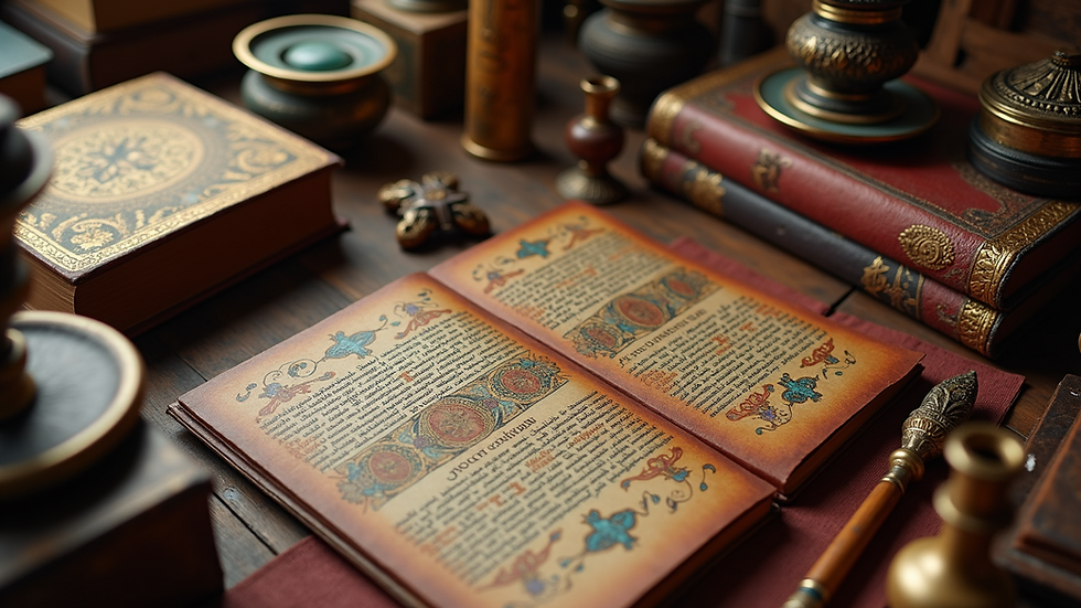 High angle view of a variety of colorful traditional palmistry tools and books
