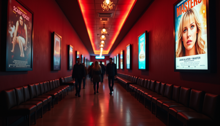 Eye-level view of a crowded movie theater lobby with posters of Scary Movie and Masters