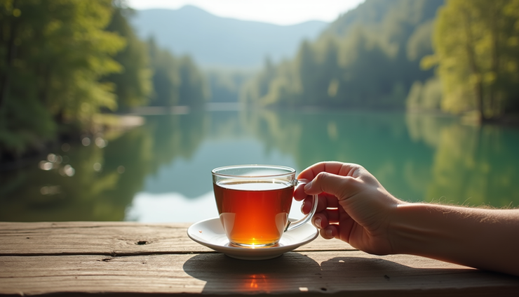 Close-up view of a hand holding a cup of herbal tea on a wooden table with a scenic lake in the background