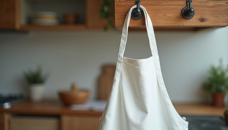 High angle view of a white apron hanging on a rustic wooden hook