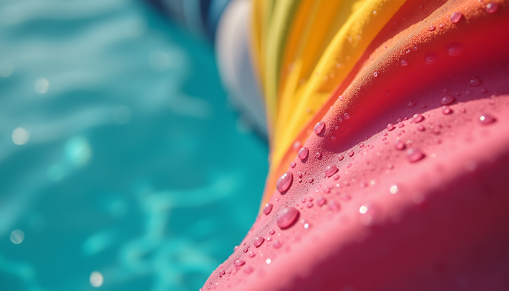 Close-up view of a colorful swimsuit fabric texture with water droplets