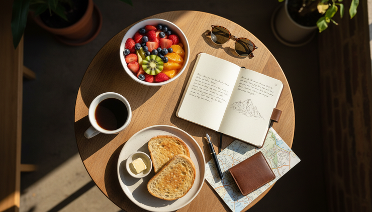 Overhead view of a solo breakfast with coffee, fruit, and a small travel journal.