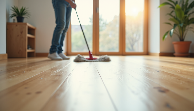 Eye-level view of a polished wooden floor being cleaned with a mop
