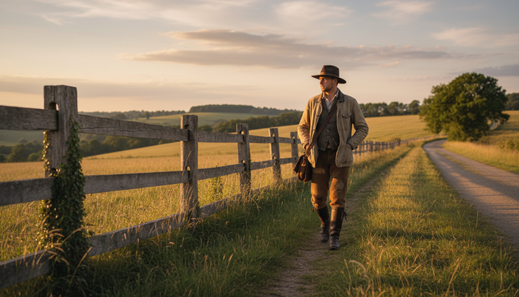 Wide-angle view of one person in layered vintage clothing walking alone beside a quiet rural fence.