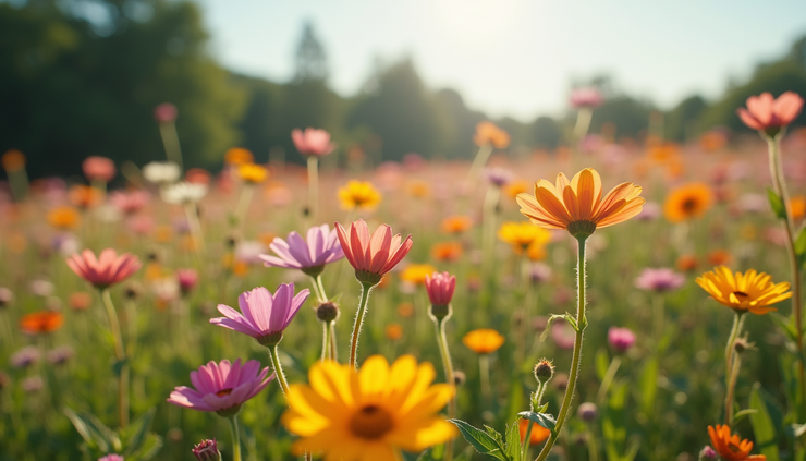 High angle view of a wildflower meadow with various colorful flowers in bloom