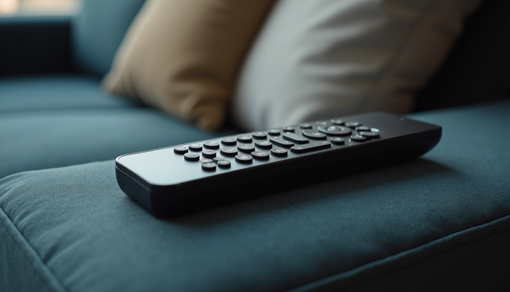 Close-up view of a television remote control on a couch armrest