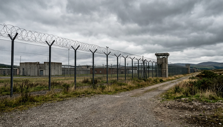 Wide-angle view of a prison perimeter fence under a cloudy sky