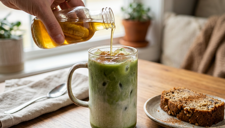Close-up of banana bread syrup being poured into an iced matcha latte