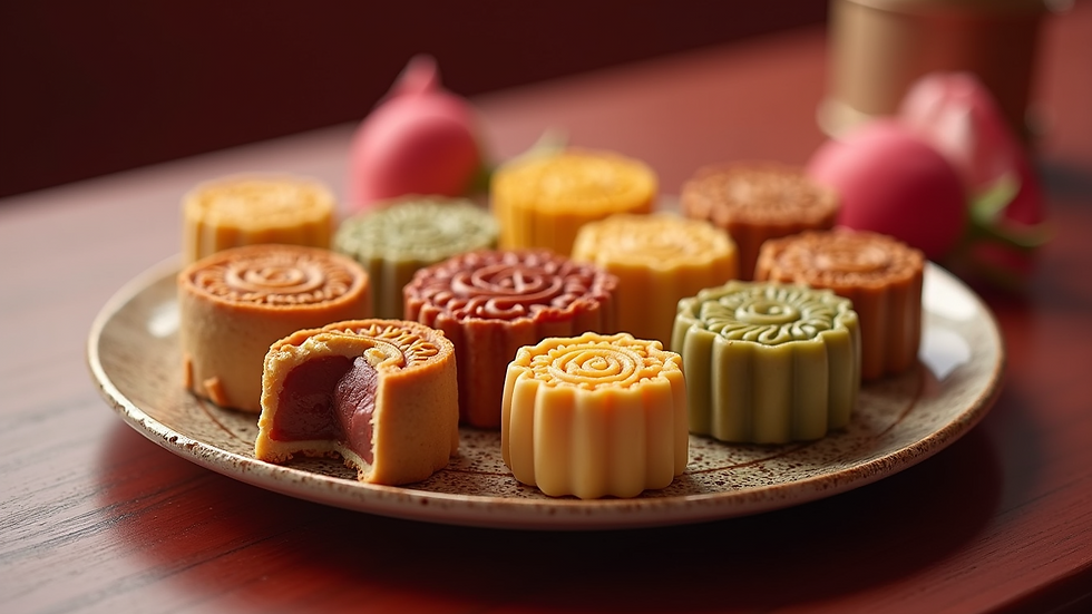 Eye-level view of beautifully arranged mooncakes on a decorative plate