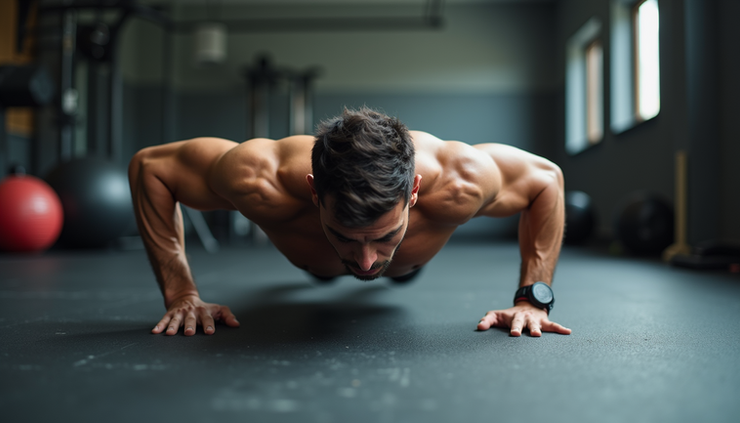 Eye-level view of a person performing a one arm push up on a gym floor
