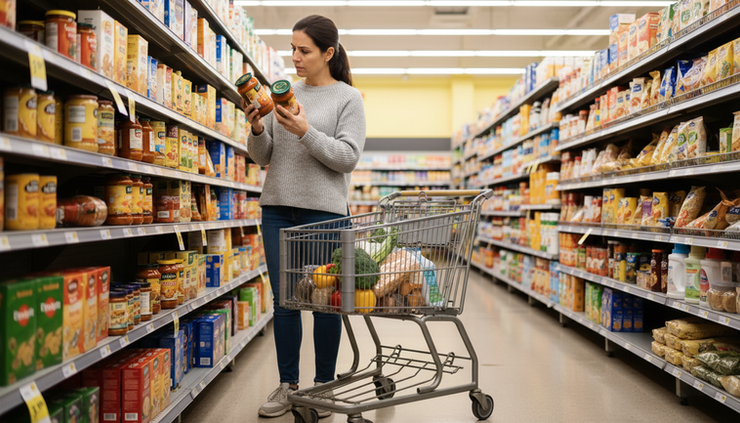 Eye-level view of a woman comparing prices in a grocery aisle.