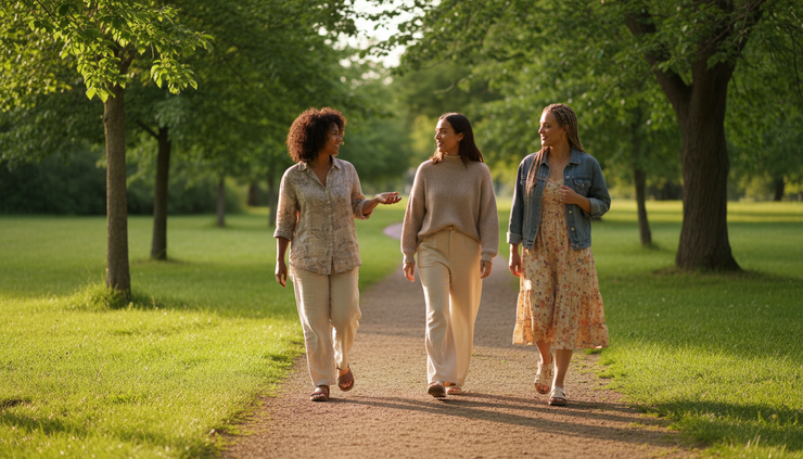 Wide-angle view of three women walking together on a quiet park path